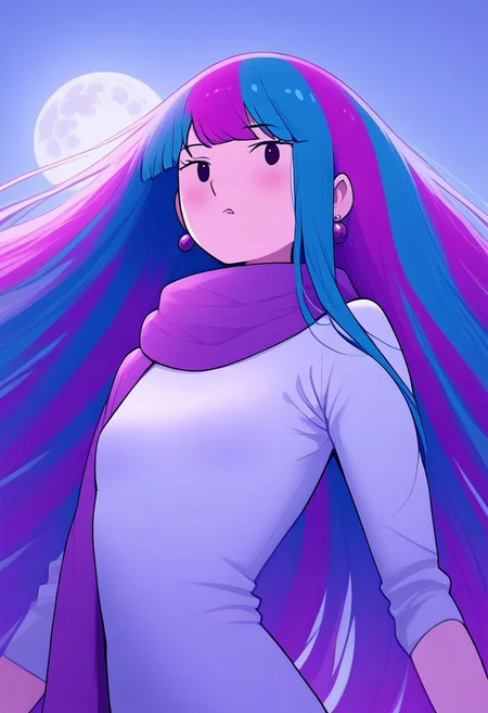masterpiece, best quality, good quality, very aesthetic,very awa, absurdres, newest, tall, slender girl, small breasts, straight rainbow hair, long rainbow hair, thin lips, sophisticated dressing, scarf, beautiful face, athletic build, No detailed eyes , looks at the viewer, a field in the background and the night sky, no clouds, big moon, simple earrings, little make-up, No visible noses, glamorous look, adventure time,crouching,rounding the back