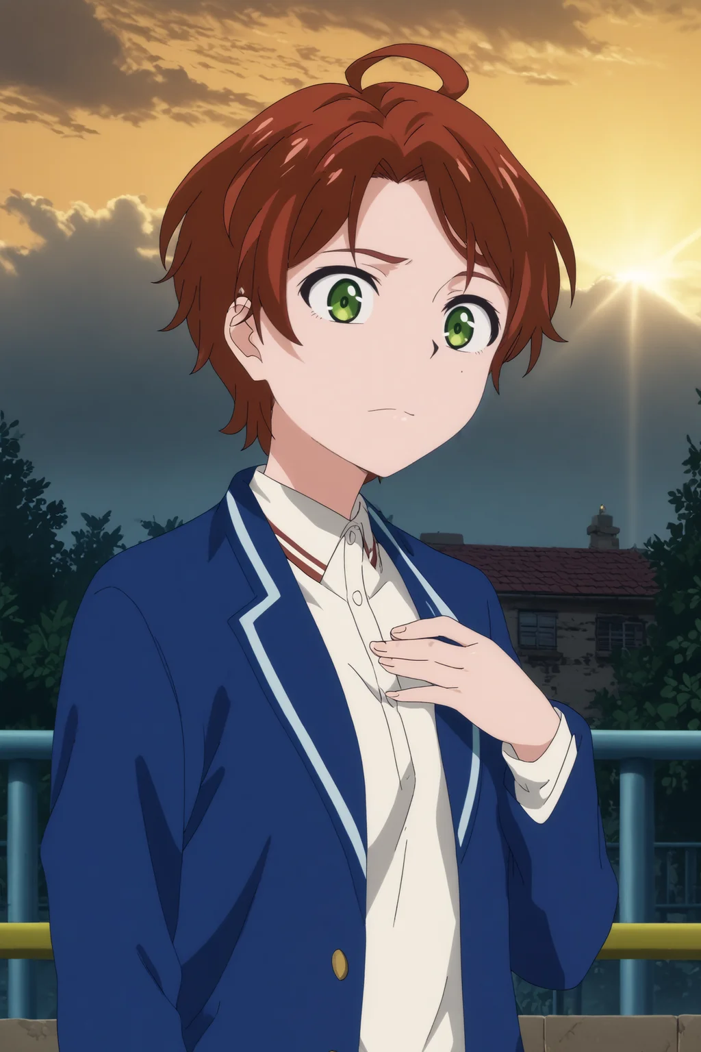 sawaki momoe,1girl,solo,short hair,ahoge,brown hair,blue jacket,school uniform,mole under eye,mole,shirt,white shirt,collared shirt,hand on chest,upper body BREAK outdoors,orange sky,road,city_lights <lora:Sawaki_Momoe_-_Wonder_Egg_Priority.safetensors:0.8> <lora:detailed_backgrounds_v2.safetensors:0.5>