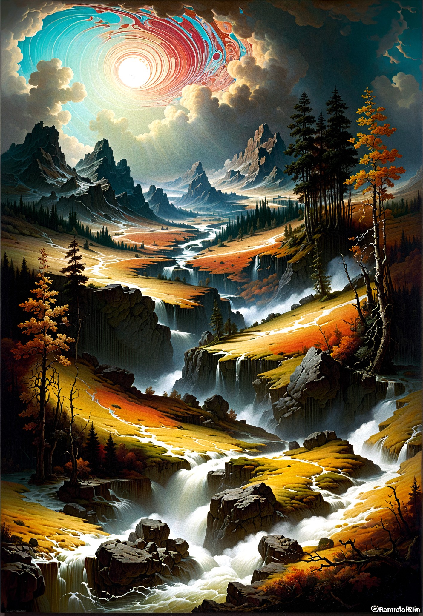 landscape art by Rembrandt van Rijn, a canvas filled with swirling shapes and patterns fills the frame, with distorted lines and colors that seem to pulse and twist in response. The shapes are abstract, but instead of just being real and lifelike, they form an infinitely beautiful landscape, Fall, Very wide view, avant-garde themes, Romanticism, Sci-fi, mandola