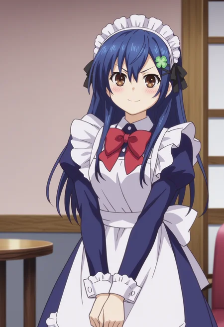 score_9, score_8_up, score_7_up, anime screencap, BREAK,
1girl, itsukashiori, blue hair, long hair, brown eyes, clover hair ornament, hairclip,
v-shaped eyebrows,
enmaided, maid, maid apron, maid headdress, red bowtie, v arms,
smile, blush, standing, solo, looking at viewer, indoors, <lora:ItsukaShioriPDXL_byKonan:1>