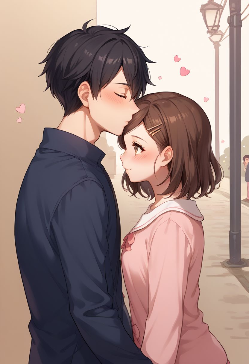score_9, score_8_up, source_anime, highly detailed, 
kissing forehead, 1girl, 1boy, brown hair, brown eyes, hairpin, black hair, hetero, closed eyes, hair ornament, couple, short hair, blush, kissing forehead, adults, husband, wife,
outdoor, height difference,