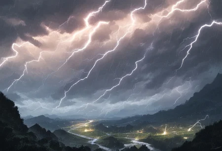 score_9, score_8, score_7, (masterpiece), best quality, expressive eyes, perfect face, landscape, scenery, (rain, stormy, lightning, lightning storm), dark lighting, realistic lighting