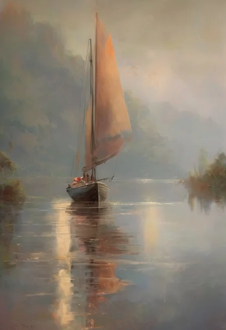 A mesmerizing oil painting by Richard Schmid,capturing a solitary sailboat moored in a mist-covered lake at dusk. The warm,amber glow of the setting sun casts a magical light across the water,contrasting with the cool,enveloping fog. The shoreline,adorned with faint outlines of distant mountains,is barely visible through the mist. The sailboat,with its elegant lines and detailed craftsmanship,is masterfully rendered with impeccable brushwork,showcasing the reflections and subtle textures in perfect harmony. The painting evokes a sense of serene isolation and poetic beauty,transporting the viewer to a world of tranquility and wonder,full color,dramatic ambient cinematic composition,dynamic scenic,mystical,creative,deep colors,extremely inspirational,, ultra quality, ultra detailed<lora:Epic_Landscape_Generator_SD15:1><lora:Epic_Landscape_Generator_SD15:1>