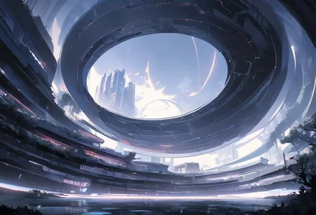 masterpiece, best quality,ultra-detailed,very aesthetic,absurdres,light theme, dynamic lighting, technology building, circle-like structure, trees on sides
