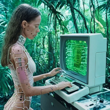 a cinematic still color photograph, from the dream of an android-human-replica, who working tirelessly ,creates a machine that makes copies of human dreams, bio-computer configured with biologically plausible biogenic circuits, brazilian tropicalia retrofuturism,
cursed image