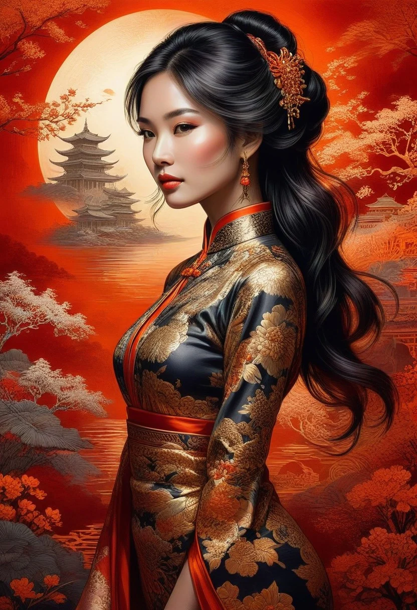 Silhouette Art, breathtaking detailed, masterpiece, awe-inspiring, radiant, magnificent. (all dark hues and fine vibrant orange glowing smoldering accent and shiny silver color scheme:1.02). glossy. stunning oriental woman, long hair, gold and red cheongsam