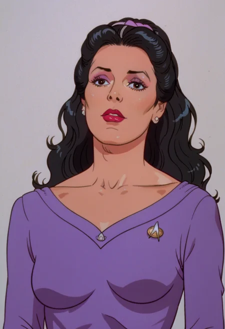 score_9, score_8_up, score_7_up, <lora:Heavy_Metal_Style_PDXL:0.9> hmstyle, 1girl, <lora:Star_Trek_TNG_PonyXL_Concept:0.7> sttng, deanna_troi, upper body, purple shirt, black hair, kinky hair