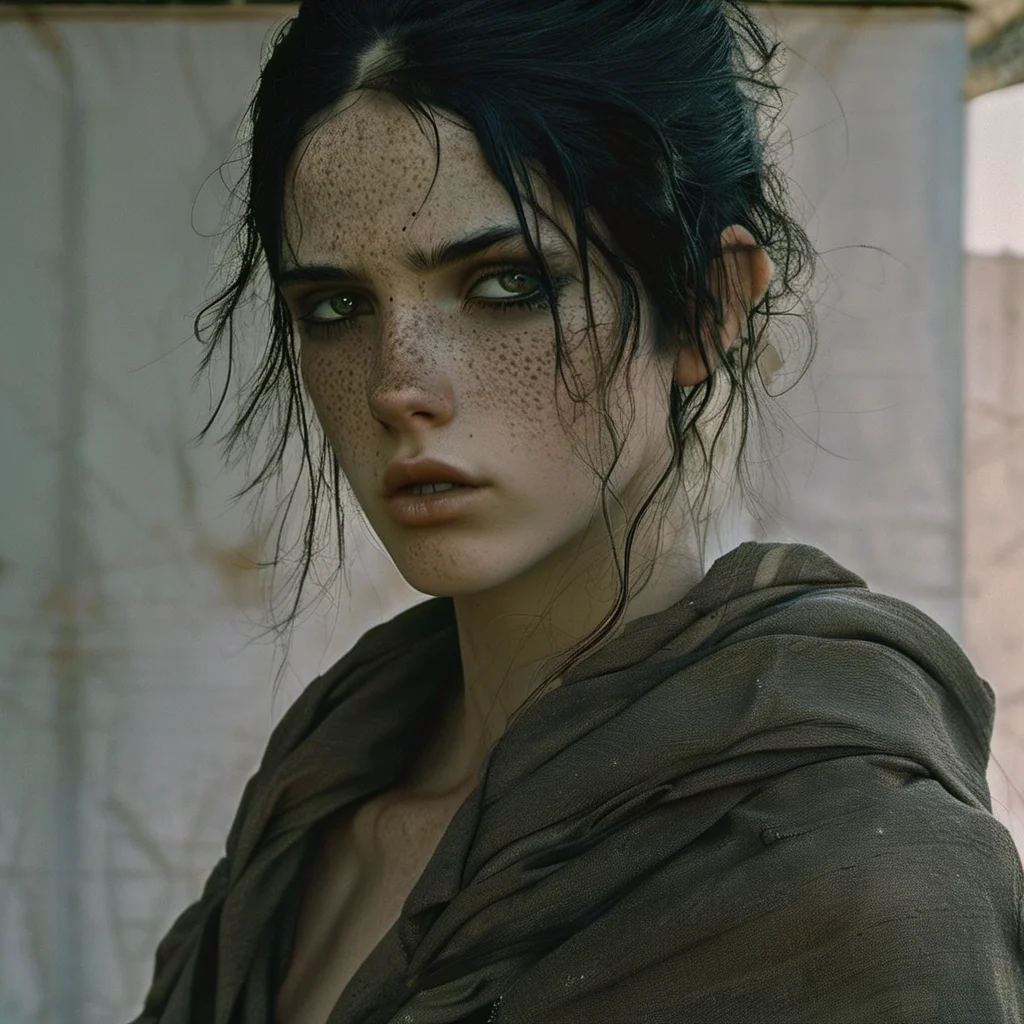 Dystopian style 1girl,solo,black hair,portrait,looking at viewer,long hair,lips,freckles,parted lips,grey eyes,artist name,<lora:renlian-000005:1>, . Bleak, post-apocalyptic, somber, dramatic, highly detailed