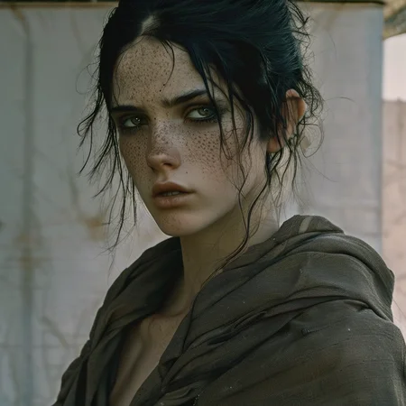 Dystopian style 1girl,solo,black hair,portrait,looking at viewer,long hair,lips,freckles,parted lips,grey eyes,artist name,<lora:renlian-000005:1>, . Bleak, post-apocalyptic, somber, dramatic, highly detailed