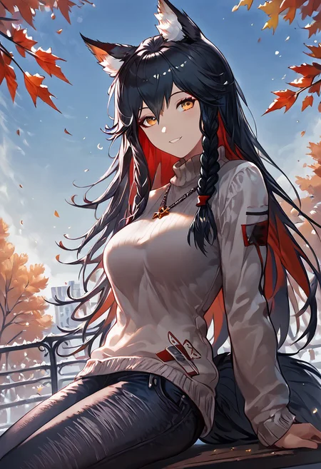 1girl, texas (arknights), female, young, wolf girl, wolf tail, wolf ears, animal ear fluff, amber eyes, multicolored hair, black hair, red inner hair, slender body, (medium breasts:1.2, round breasts, perfectly shaped breasts), sweater, denim pants, happy, looking at viewer, park, sitting on bench, taut clothing, (headshot:1.2), extremely tight shirt, inviting expression, side view, jeweled necklace, hands out of view, dutch angle, dark eyeliner, autumn colors, (low-angle view:1), cornrow braids, leaning back, view from behind, head turned score_9, score_8_up, score_7_up, (masterpiece, best quality, very aesthetic, ultra detailed), intricate details, beautiful face, detailed eyes, detailed background, granblue_fantasy_style_xl, expressiveh, light from above