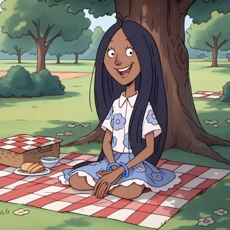 score_9, score_8_up, score_7_up, 1girl, solo, gghh1, dark skin, black hair, happy, long hair, skirt, bracelet, sitting on picnic blanket, under a tree, food, picnic, park, official style, <lora:gghh1:1.1>, Volumetric Lighting,