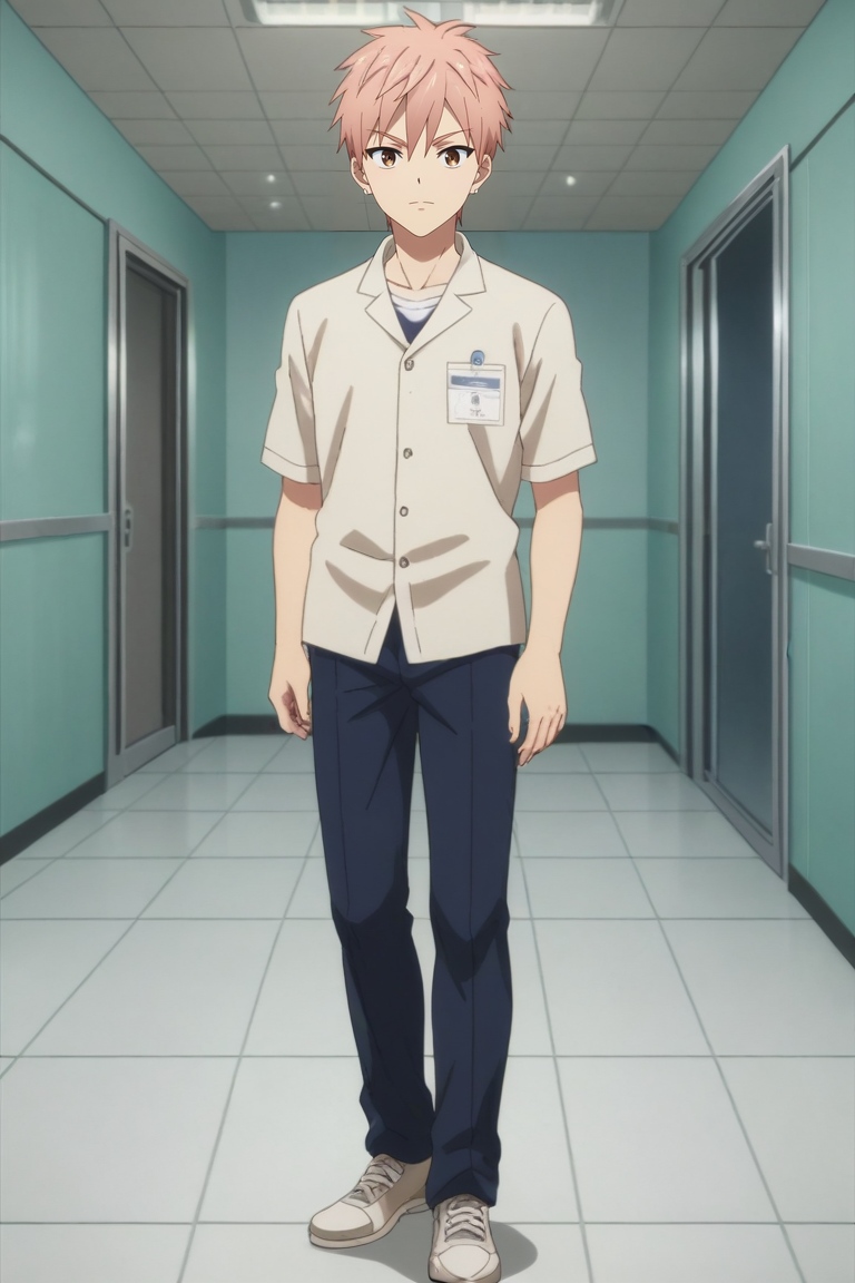 score_9, score_8_up, score_7_up, source_anime, rating_safe, , anime screencap, anime coloring, official style, looking at viewer, , 1boy, solo, male focus, <lora:shion_asuma_pony:0.94>, shion_asuma, pink hair, brown eyes, short hair, rule of thirds, hospital, indoors, light, slouching, :\3, , <lora:sdxl_lightning_8step_lora:1>