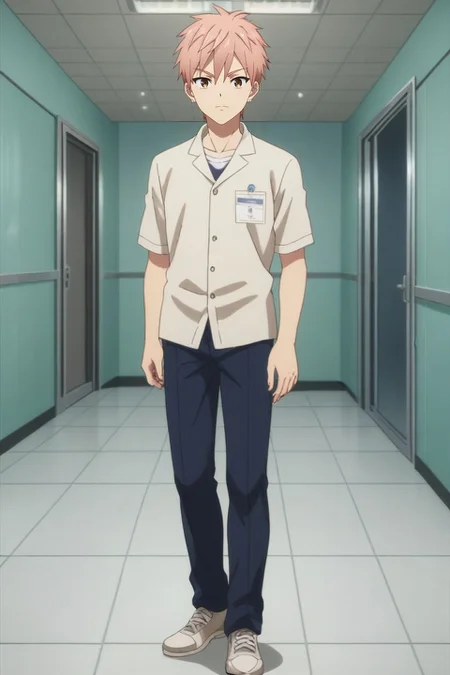 score_9, score_8_up, score_7_up, source_anime, rating_safe, , anime screencap, anime coloring, official style, looking at viewer, , 1boy, solo, male focus, <lora:shion_asuma_pony:0.94>, shion_asuma, pink hair, brown eyes, short hair, rule of thirds, hospital, indoors, light, slouching, :\3, , <lora:sdxl_lightning_8step_lora:1>