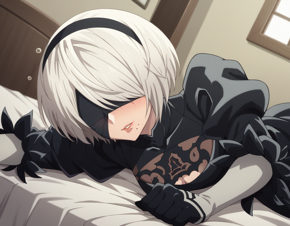 score_9, score_8_up, score_7_up, source_anime,
2b, <lora:2b-s1-ponyxl-lora-nochekaiser:1>,
2b, yorha no. 2 type b, short hair, white hair, hairband, mole, black hairband, mole under mouth, blindfold, covered eyes, black blindfold,
gloves, long sleeves, dress, puffy sleeves, black dress, clothing cutout, cleavage cutout, juliet sleeves, feather-trimmed sleeves,
indoors, bed, bed room, on side, blush, drunk,
solo, dutch angle, looking at viewer, cowboy shot,
