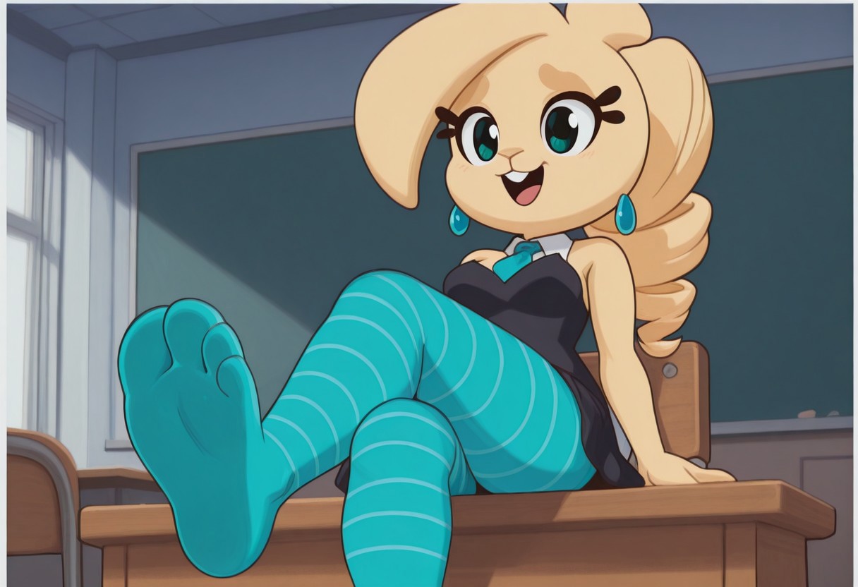 Masterpiece , high quality, 1girl, solo, rabbit girl, blonde body, furry, anthro, blonde fur, 1girl, blonde hair, twin drills,  black school uniform, dress, blue pantyhose, striped pantyhose, rabbit ears, bunny girl,blue earrings, animal ears, animal nose, sassy, medium breasts size, bare shoulders,sleeveless, anime eyes, detailed eyes, blue tie, eyelashes, aqua cyan eyes, beautiful eyes, bright colors, light eyes color, muscular, solo, dynamic pose , showing soles, school chairs, school, class room, showing feet, sitting on chair, wooden desk, big white border, frame, characters over frame, anime coloring, anime screencap, chibi, rabbit ears, comic, happy, shortstack, buck teeth, laughing