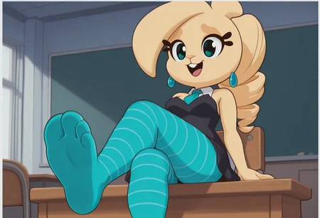 Masterpiece , high quality, 1girl, solo, rabbit girl, blonde body, furry, anthro, blonde fur, 1girl, blonde hair, twin drills,  black school uniform, dress, blue pantyhose, striped pantyhose, rabbit ears, bunny girl,blue earrings, animal ears, animal nose, sassy, medium breasts size, bare shoulders,sleeveless, anime eyes, detailed eyes, blue tie, eyelashes, aqua cyan eyes, beautiful eyes, bright colors, light eyes color, muscular, solo, dynamic pose , showing soles, school chairs, school, class room, showing feet, sitting on chair, wooden desk, big white border, frame, characters over frame, anime coloring, anime screencap, chibi, rabbit ears, comic, happy, shortstack, buck teeth, laughing