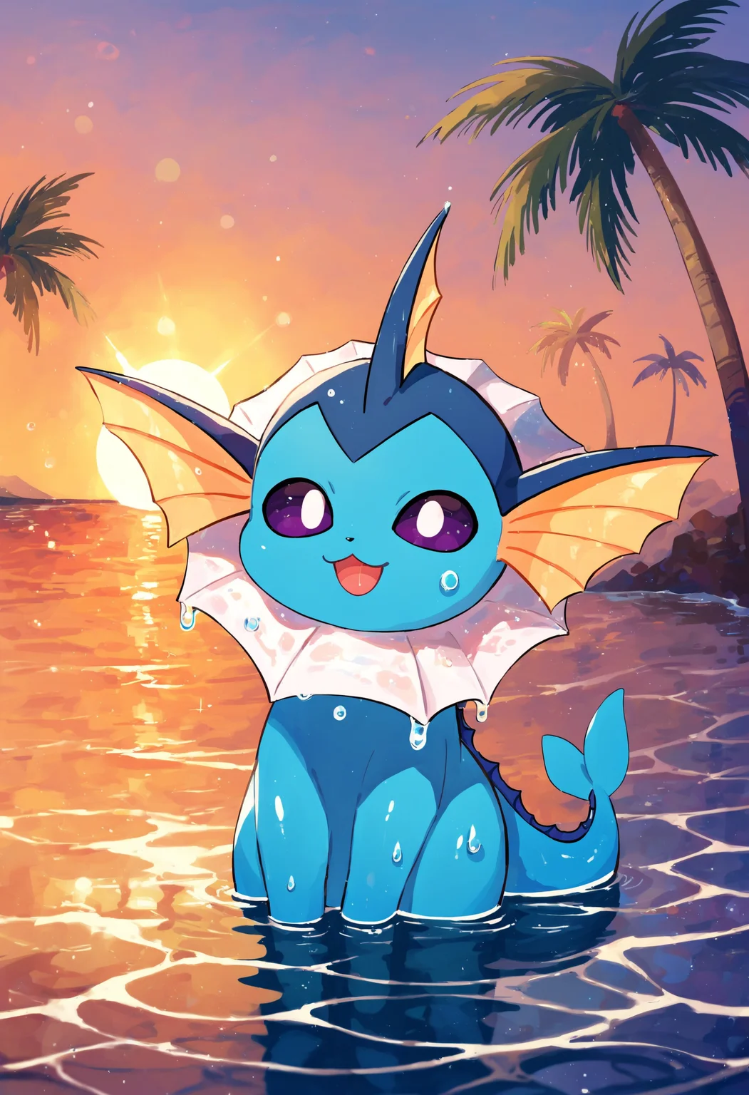 score_9, score_8_up, score_7_up, score_6_up source_anime BREAK
beach, ocean, evening, palm trees, lens flare, sunbeam
V4P0R30N, sky blue skin, fins, quadraped, fish tail, dark purple eyes,
<lora:Vaporeon_Pokemon_Pony:0.9> chibi, solo
looking at viewer, lying, wet, bubbles, happy, open mouth, (partially submerged:1.4)