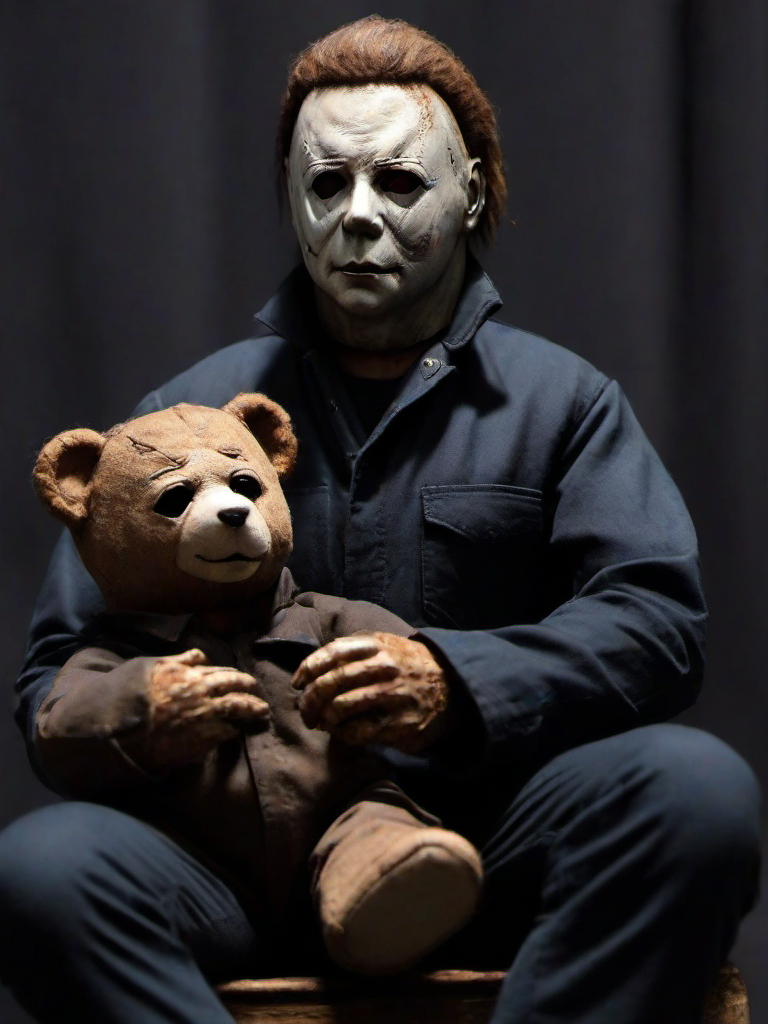 Masterpice,High Quality,
 <lora:PE_Michael Myers:0.8> PEMichaelMyers,
holding a teddy bear,sitting