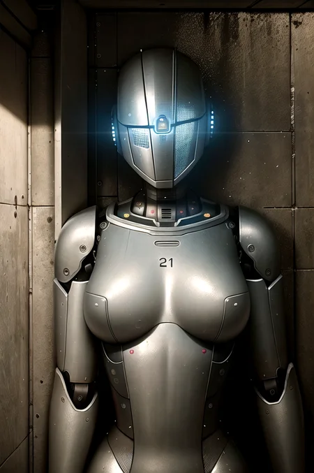 (robot girl) [closeup] (hyper-realistic digital illustration),(masterpiece:1.1),[Old laboratory, standing in a corner with head down, shy female cyborg, no visible breasts, dimly lit eyes, worn out metal frame, hesitant movements, avoiding any attention.], [bioluminescent], , [[sweating]], [[tears]],,HDR <lora:robotGirlLora_v10:0.95>