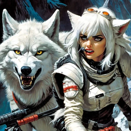 Photorealistic art of a wolf girl dressed in adventuring gear with a white wolf in the background, wisosdxl, wolf, snarl, snarling, ears back, ears forward, intense gaze, tongue out, black, white, basilwolverton style, grotesque, spaghetti hair, bulging eyes, skin folds, veins, large teeth, bloodshot eyes, mad-stpk-ggls, mad-stpk-flcp, mad-stpk-ht, mad-mecharm, John Berkey Style page, KIRIGAMI page, linquivera, liiv1, g1g3r