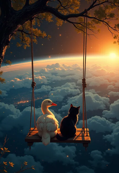A breathtaking top-down view of a serene scene in outer space: a pristine white duck and a little black kitten sit together on a wooden swing suspended at a tree branch above the Earth, forming the focal point of the image. The swing's simple wooden planks and rustic rope contrast against the infinite vastness of space. Below, the highly detailed surface of the Earth is visible, showcasing continents with glowing areas of civilization illuminated by nightlights, partially veiled beneath a sparse layer of clouds. The curvature of the planet is dramatic, emphasized by the rising sun just beyond the horizon. Warm, ethereal light spills into the scene, casting a soft glow on the duck and cat while creating a vivid contrast between the luminous globe and the endless void of space.
Countless faintly glowing stars dot the surrounding cosmos, enhancing the dreamlike quality of the scene. The duck sits calmly, its pristine white feathers subtly reflecting the golden sunlight, while the black kitten reclines in a relaxed pose, its fur absorbing the dim light and adding a subtle depth to its figure. The swing appears as if floating weightlessly, tethered only to the surreal wonder of the moment. Rendered in a hyper-realistic, cinematic style with a slightly surreal touch, the image captures a balance between the calming stillness of companionship and the dramatic scale of the universe