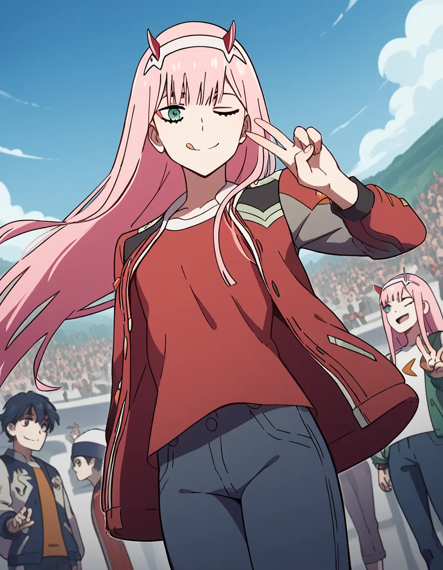 score_9, score_8_up, score_7_up, source_anime, <lora:zero-two-s1-ponyxl-lora-nochekaiser:1>, zero two, zero two \(darling in the franxx\), green eyes, hairband, horns, long hair, pink hair, red horns, white hairband,, <lora:letterman-jacket-ponyxl-lora-nochekaiser:1>, letterman jacket, jacket,, outdoors, crowd, people, v, v over eye, one eye closed, tongue out, smile, beanie, pants, open clothes, open jacket, , cowboy shot, dutch angle