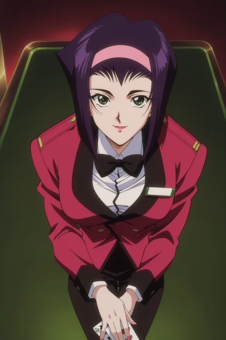 anime screencap, anime coloring, detailed face, perfect fingers, masterpiece, best quality, very aesthetic, absurdres,, volumetric lighting, 1990s (style), retro artstyle,
 <lora:Faye_Valentine_and_Ein_Cowboy_Bebop_-_Illustrious_V2:1>
Faye blackjack dealer outfit, Faye Valentine (character), 1girl, solo, hairband, pink hairband, green eyes, bowtie, white shirt, bow, jacket, shirt, black bowtie, black bow, breasts, black pants, purple hair, red jacket, long sleeves, collared shirt,  standing, girl holding a playing card, looking up at the viewer, smile, lips parted