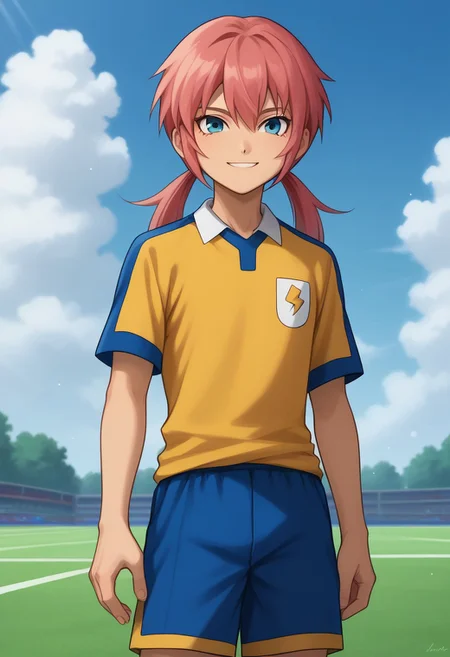 score_9, score_8_up, score_7_up, source_anime, highly detailed,
kirino, 1boy, male focus, solo, pink hair, twintails, long hair, blue eyes, sportwear, raimon, raimon soccer uniform, shirt, yellow shirt, short sleeves, shorts, blue shorts, upper body, smile
outdoor, sky, cloud