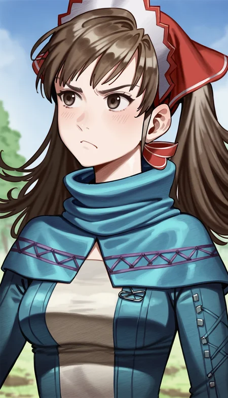 score_9,score_8_up,score_7_up,
realistic,highly detailed,
<lora:aliciamelchiott>,aliciamelchiott,1girl,solo,
brown hair,twintails,bouncing hair,brown eyes,looking to the side,angry,pout,headdress,squad leader outfit,blue high-collar,portrait,outdoors,countryside,blue sky,tree,vignetting,blurry background,
