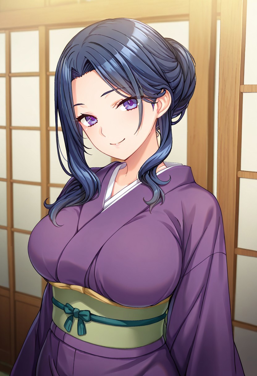 FujiMari, dark blue hair, long wavy hair, purple eyes, smile, standing, purple kimono, green obi, half updo, japanese inn,
BREAK
(absurdres, best quality, masterpiece:1.4), amazing quality, highres, newest, detailed, detailed body, detailed face,  beautiful, looking at viewer, 1girl, solo,