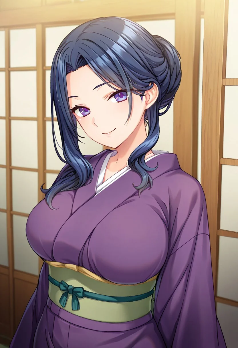 FujiMari, dark blue hair, long wavy hair, purple eyes, smile, standing, purple kimono, green obi, half updo, japanese inn,
BREAK
(absurdres, best quality, masterpiece:1.4), amazing quality, highres, newest, detailed, detailed body, detailed face,  beautiful, looking at viewer, 1girl, solo,