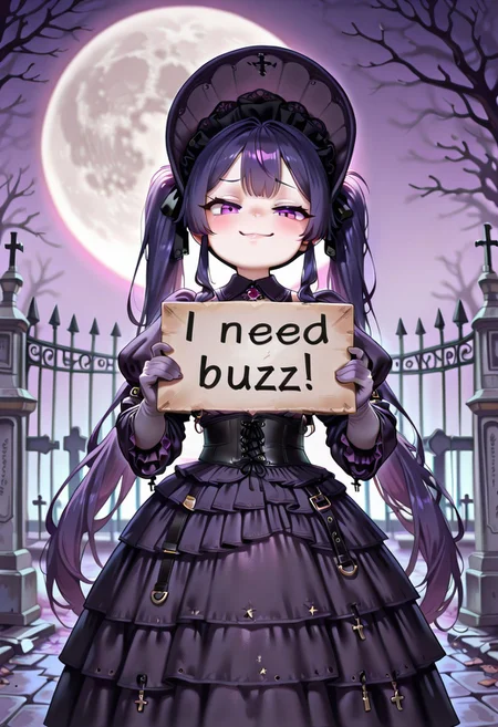 masterpiece, need_buzz, holding sign, anime, 1girl, dark purple hair, smug, gradient background, (shortstack:1.3), petite, short girl, purple eyes, super long large thick twintails, albino skin, pale violet clothes, large bonnet, frills, belt dress, belt, large puffy sleeves, dark purple dress, juliet sleeves, pale violet gloves, gothic, corset dress, c3m3t3ry, outdoors, tombstones, graveyard, cross, full moon, bare trees, iron fence, sfw
