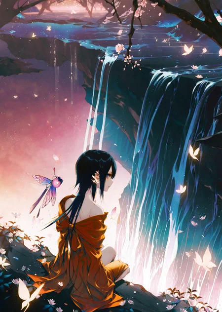 , by wanke, by yogisya
1girl close up,
extremely beautiful detailed piercing eyes,
a girl immersed in a magical garden at twilight. She stands beside a luminous waterfall, cherry blossoms gently falling around her. The soft glow of fireflies and the distant twinkle of stars add an enchanting ambiance to this serene and otherworldly scene
masterpiece, best quality, high quality, highres, absurdres, very detailed, high resolution, sharp, sharp image, 8k, vivid, colorful, stunning, anime