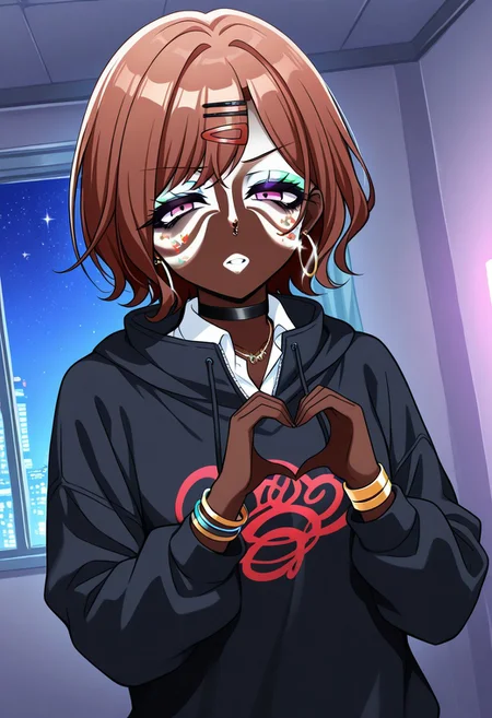 Score_9,score_8_up,score_7_up,score_6_up,source_anime,masterpiece, best quality, 4k, absurdres, 8k,detail,1girl,solo,neon glow,hoop earrings,dark-skinned female,ggr,(jet-black skin:1.2) BREAK
(yamanba, white facepaint makeup:1.3),face stickers,star stickers, heart stickers, eyeshadow, very dark skin, (glitter, long thick eyelashes),(green makeup), BREAK
higuchi madoka, short hair, brown hair, purple eyes, hairpin, BREAK
white shirt, collared shirt, hood, sweater, open black hoodie, collared shirt, gold bracelets, necklaces,choker,accessories, hair ornament,
4-finger heart hands,sideways,
(indoors:1.1),(night:1.2),room, (upper body), Dutch Angle Shot, (dynamic pose:1.2), face focus, eyes focus, BREAK
Expressiveh,half-closed eyes, horny face, irritable, frowning, BREAK OverallDetail,Frontlight,