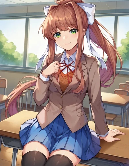 score_9, score_8_up, score_7_up, source_anime,
ddlcmonika, <lora:ddlc-monika-ponyxl-lora-nochekaiser:1>
ddlcmonika, blunt bangs, brown hair, green eyes, long hair, ponytail, ribbon, white ribbon, hair ribbon, sidelocks, smile,
black thighhighs, blue skirt, brown jacket, jacket, long sleeves, mary janes, over-kneehighs, pleated skirt, school uniform, shoes, skirt, thighhighs, zettai ryouiki,
indoors, classroom, sitting, table, pov across table, chair,
looking at viewer, dutch angle, cowboy shot,