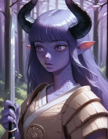 score_9, score_8_up, score_7_up, score_6_up, score_5_up, score_4_up, 1girl, upper body, portrait, monster girl, samurai, armored, holding sword, long hair, horns, scales, blue and purple gradient skin, birch forest, <lora:letsfinalanswer_v4:0.9>