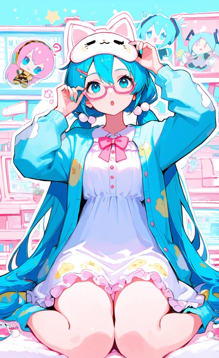 masterpiece, best quality, good quality, very awa, very aesthetic, absurdres, newest, hatsune miku, megurine luka, 1girl, solo, long hair, looking at viewer, open mouth, blue eyes, long sleeves, hair ornament, dress, bow, hair between eyes, very long hair, sitting, twintails, blue hair, pink hair, heart, thighs, hair bow, frills, glasses, hairclip, bowtie, official alternate costume, white dress, star \(symbol\), :o, aqua eyes, hands up, buttons, aqua hair, :3, blue bow, low twintails, wariza, frilled dress, blue jacket, cardigan, plant, pink bow, polka dot, ?, semi-rimless eyewear, pom pom \(clothes\), outline, dot nose, under-rim eyewear, pajamas, bespectacled, collared dress, notice lines, bloomers, character doll, adjusting eyewear, white outline, potted plant, mask on head, paw print, chibi inset, aqua nails, pink bowtie, monitor, polka dot bow, double-parted bangs, blue sweater, nightgown, blue cardigan, pink-framed eyewear, pom pom hair ornament, cameo, cloud print, aqua theme, hand on eyewear, light blue background, sleep mask, pastel colors, aqua jacket <lora:ponyv6_noobV1_2_adamW-000017:0.8> <lora:USNR_STYLE_XL_lokr:0.45> <lora:EtherSDXL:0.15> <lora:MeMaXL4:0.45>
