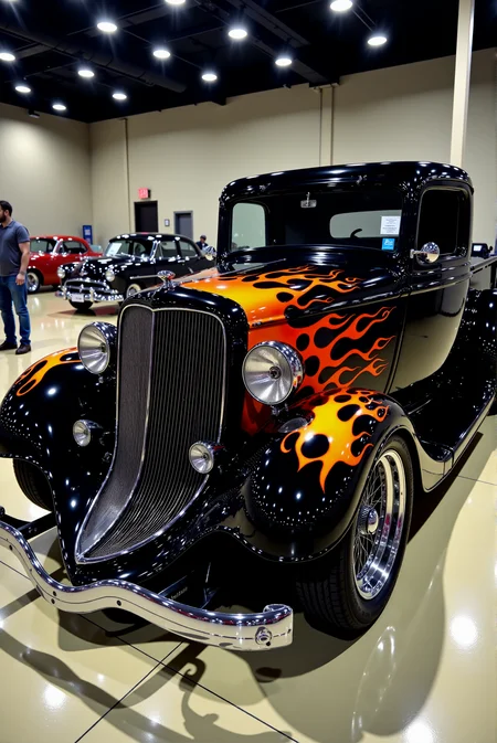<lora:Hot_rod__style:0.8>
A stunning, custom-built hot rod with an aggressive, low-slung stance sits under the showroom lights, its bodywork a perfect fusion of classic American muscle and modern show-stopping aesthetics. The deep, glossy black paint serves as a dramatic canvas for the fiery airbrushed flames that surge from the front grille, licking across the curved fenders and stretching along the sculpted side panels in a seamless display of artistry. The exaggerated front grille, lined with menacing chrome teeth, gives the car a predatory presence, while the oversized headlights protrude slightly, enhancing its vintage yet radical appearance. Gleaming chrome accents highlight every sharp contour, from the intricate bumper details to the massive rear fenders that frame polished deep-dish racing wheels wrapped in wide, high-performance rubber. The ultra-low ride height and sleek, chopped roofline add an unmistakable air of speed and dominance, making this automotive masterpiece a rolling embodiment of power, attitude, and untamed energy.