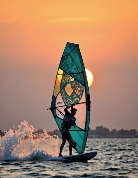 wavefun. A silhouette of a person windsurfing at sunset. the person is standing on a stand-up paddle board, holding onto a teal windsurfboard with a large, intricate design. The windsurfer is in the middle of the image, with the background being a gradient of warm oranges and pinks, creating a serene atmosphere. the image is taken from a low angle, looking up at the person as they windsurve, with a slight splashing effect on the water behind them. the focus is on the person's silhouette, making it a striking and captivating image. <lora:Wind_&_waves_:0.8>