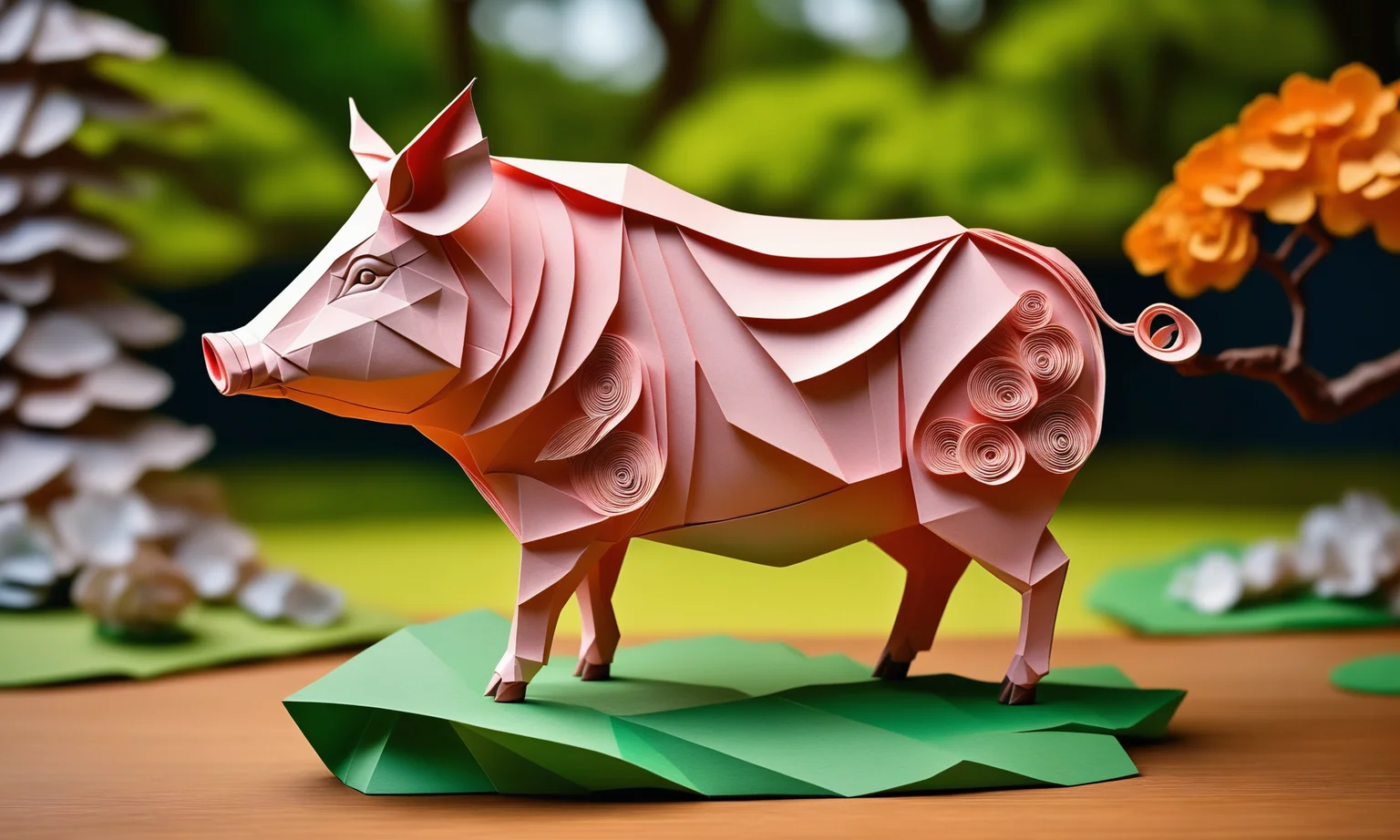 origami style <lora:papercarvingcd_xl-000005:0.6>,a handmade sculpture of a boar made of papercarvingcd_xl in office scene,full body,scenery,tree,river,stone,lawn,miniature,tilt-shift,indoors,chinese zodiac,wooden table,cutie,cute,still life,animal statue,front view,facing viewer,looking at viewer,8K,HDR,UHD,masterpiece,best quality,highly detailed,high resolution,finely detail,extremely detailed,ultra detailed,wallpaper . paper art, pleated paper, folded, origami art, pleats, cut and fold, centered composition