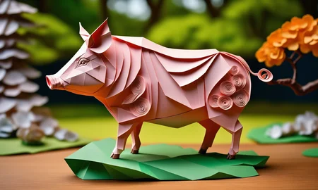 origami style <lora:papercarvingcd_xl-000005:0.6>,a handmade sculpture of a boar made of papercarvingcd_xl in office scene,full body,scenery,tree,river,stone,lawn,miniature,tilt-shift,indoors,chinese zodiac,wooden table,cutie,cute,still life,animal statue,front view,facing viewer,looking at viewer,8K,HDR,UHD,masterpiece,best quality,highly detailed,high resolution,finely detail,extremely detailed,ultra detailed,wallpaper . paper art, pleated paper, folded, origami art, pleats, cut and fold, centered composition