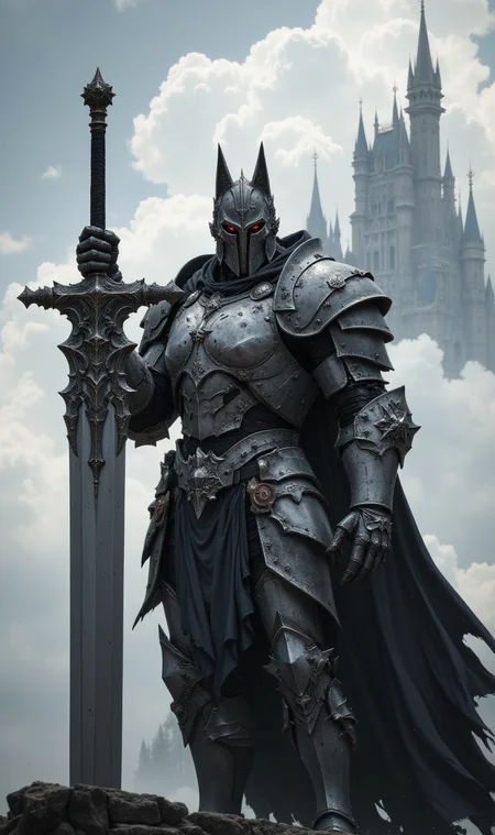 A portrait of a gray knight wearing a wolf armor and holding a gray blade pointed to the sky, gray cape, giant castle, cinematic, FredFraiStyle