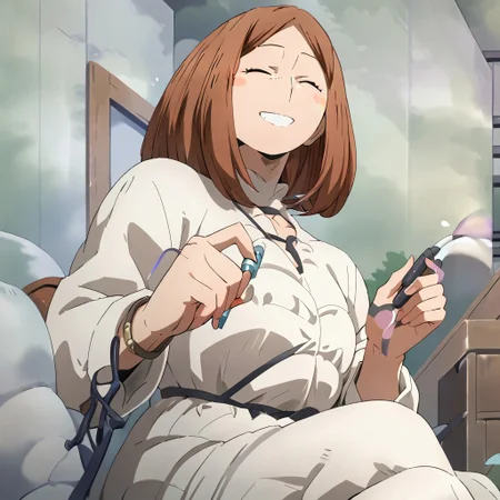 <lora:SlimesUrarakasMom:1>, score_9, score_8_up, score_7_up, slimes_urarakasmom, brown bair, woman, solo, smiling, surprised, eyes closed, lying on bed, lying on back, full body, white teeth, crossed legs, middle aged women, pump, perfect body, white dress
