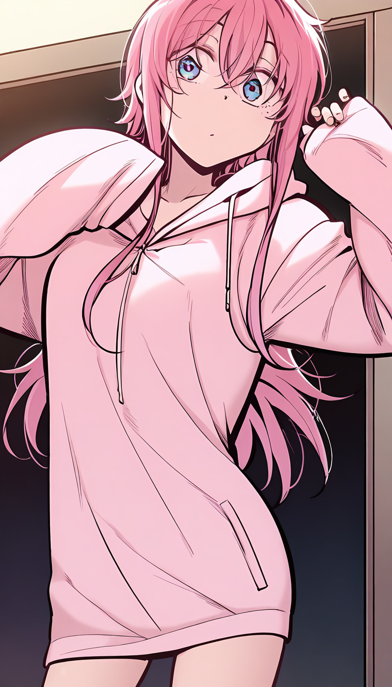 <lora:yushanshan:1>,yushanshan,1girl,long hair,pink hair,hair between eyes,blue eyes,pink hoodie, sleeves past wrists, long sleeves,, masterpiece,best quality,amazing quality,anime screenshot,