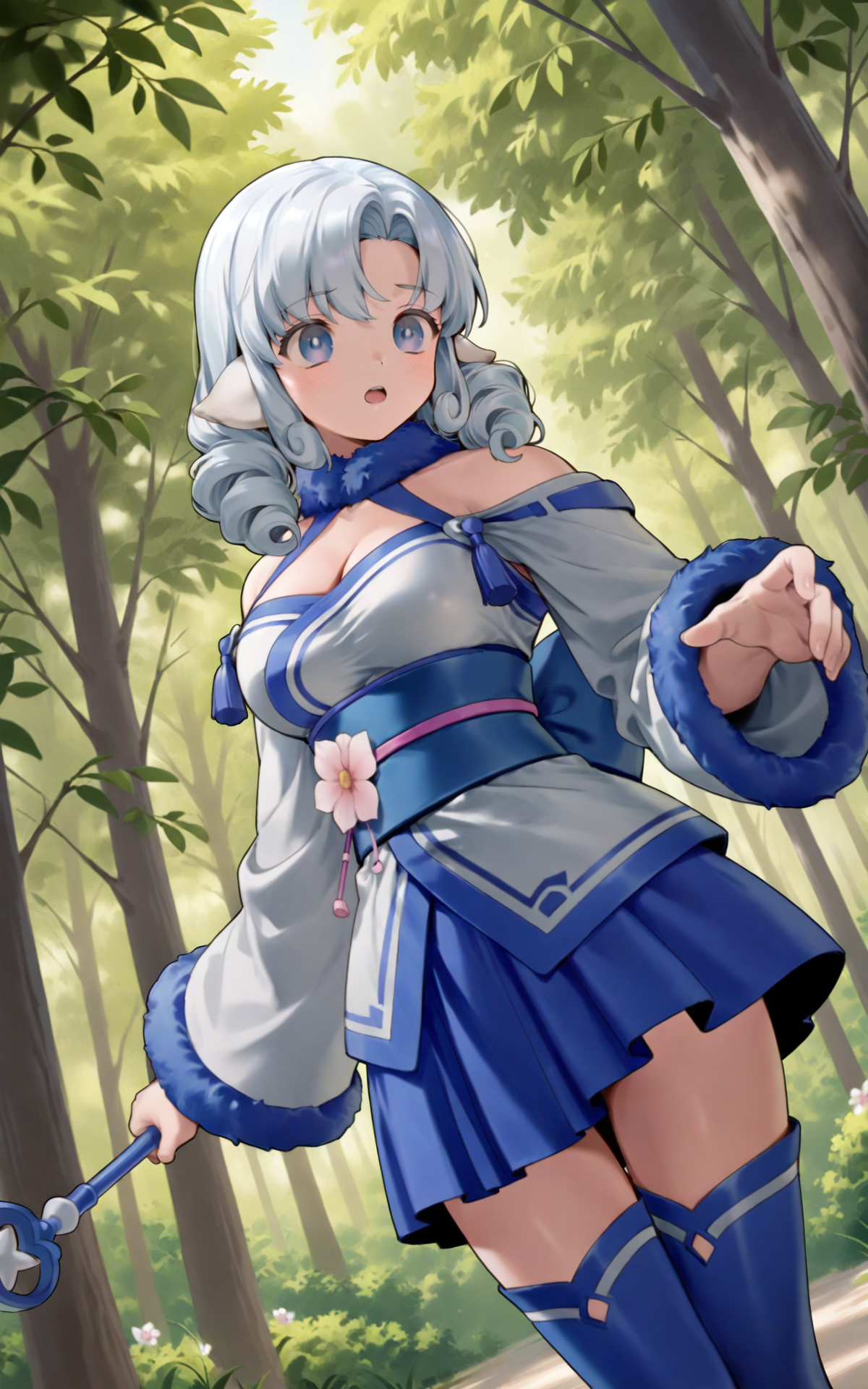 2d, (zPDXL3), Smooth Quality, cowboy shot, (dynamic shot, dynamic angle:1.5), webtoon, anime, centered, detailed, open mouth, ((holding wand)), 1woman, munechikamm, animal ears, white hair, medium hair, sidelocks, drill hair, big breasts, cleavage, solo, white short kimono, detached sleeves, blue obi sash, fur collar, tassels, flower, zettai ryouiki, blue thighhighs, thigh boots, toned body, outdoors, forest, masterpiece, best quality, newest, absurdres, highres