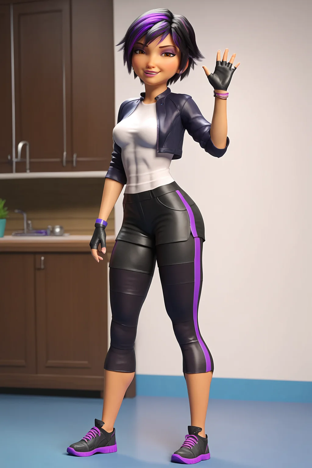 score_9, score_8_up, score_7_up, score_6_up, BREAK, GoGoTomagoBH6XL, purple eyeshadow, pink lips, brown eyes, black hair, purple hair, multicolored hair, short hair, streaked hair, medium breasts, open jacket, cropped jacket, black jacket, white shirt, black gloves, fingerless gloves, black shorts, capri pants, black shoes, solo, full body, standing, waving, seductive smile, looking at viewer, indoors <lora:GoGoTomagoBH6XL:1>