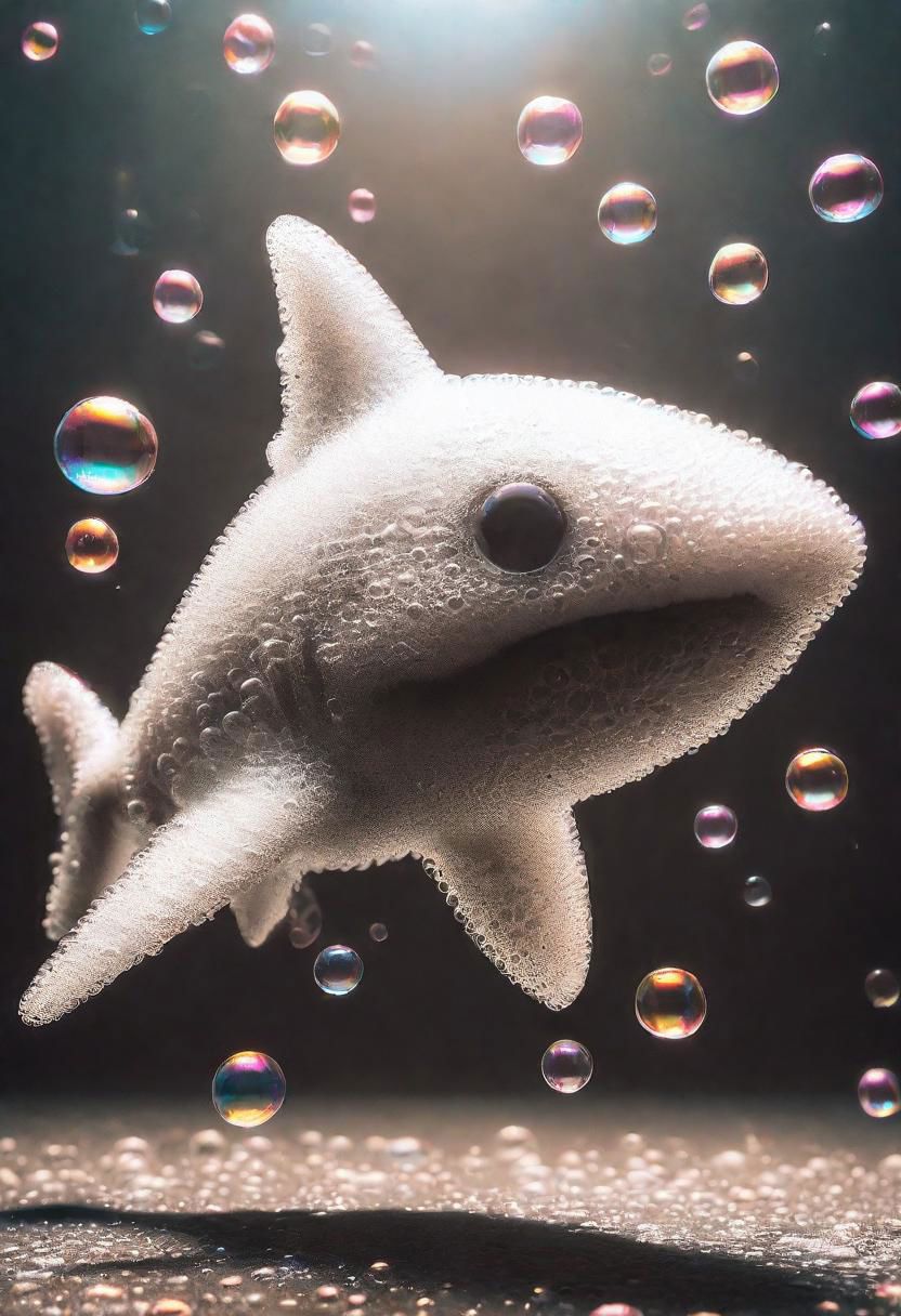 made of bath foam and soap bubbles, a photograph capturing a shark, with sharp focus, vibrant colors, strong film grain, cinematic lighting
