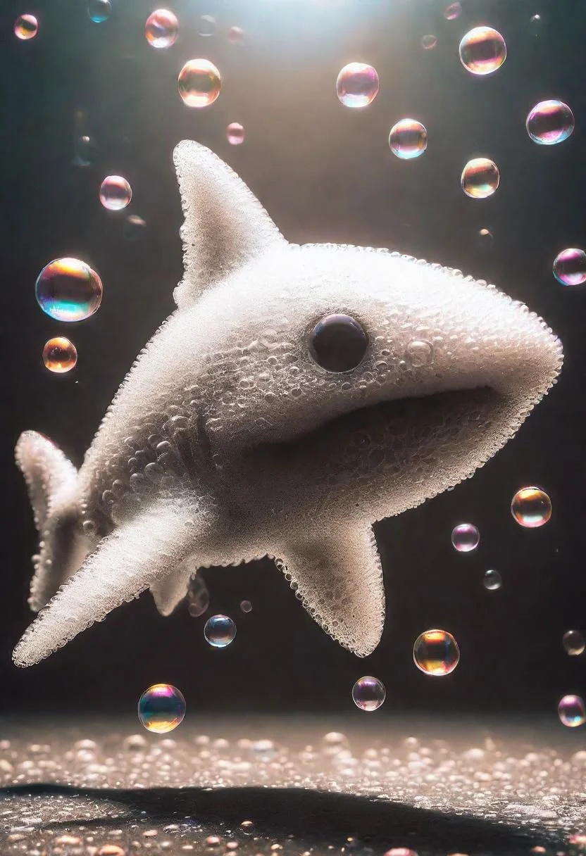 made of bath foam and soap bubbles, a photograph capturing a shark, with sharp focus, vibrant colors, strong film grain, cinematic lighting