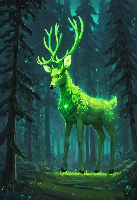 score_9, score_8_up, score_7_up, outdoors, scenery, forest, (a giant deer monster with glowing green antlers, green glowing deer, bioluminescence:1.4), vibrant colors, high contrast, tree,
<lora:ScenicHorizonsV2:1>,