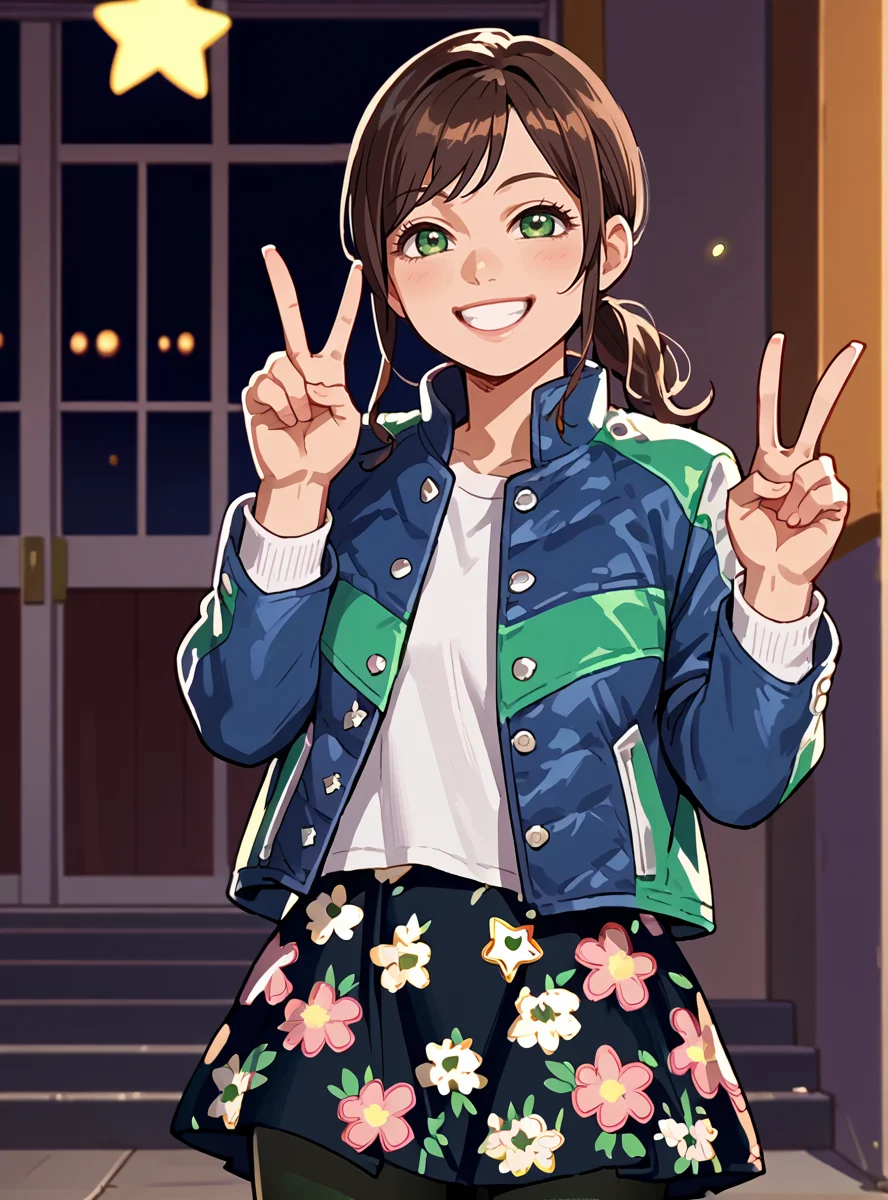 score_9, score_8_up, score_7_up, score_6_up,source_anime anime screencap     <lora:HammieKyuranger_r1:1>hammiekyuranger, solo, 1girl, jacket, black hair, pantyhose, smile, brown hair, long hair, ponytail, green eyes, floral print, star (symbol) smile skirt,  v_sign,